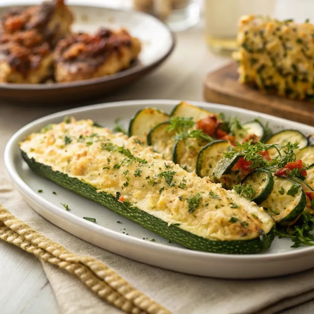 Baked Parmesan Zucchini – Crispy, Cheesy & Easy Side Dish 8 Baked parmesan zucchini served with grilled chicken and herbs