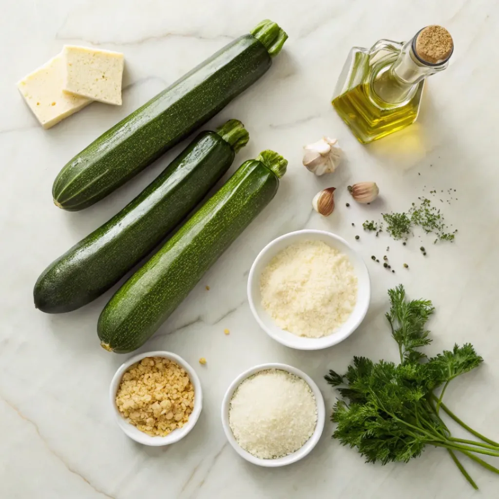 Baked Parmesan Zucchini – Crispy, Cheesy & Easy Side Dish 6 Flat lay of zucchini, parmesan cheese, garlic, and seasoning ingredients