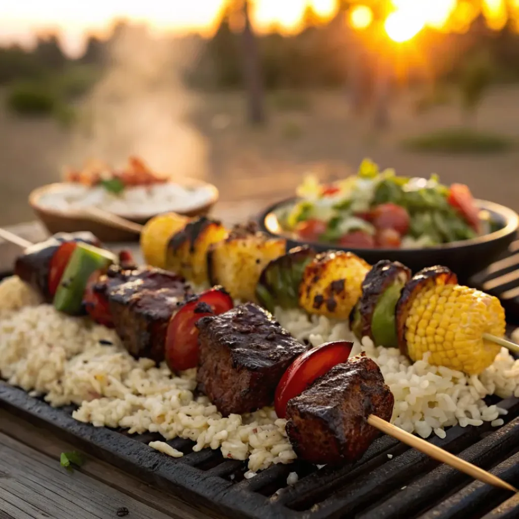 Steak and vegetable kabobs served with BBQ sides