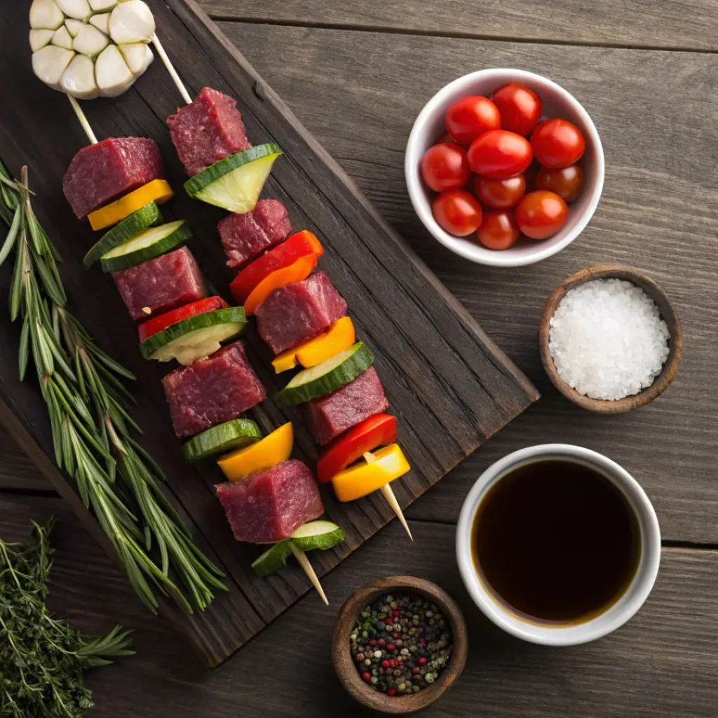 Flat lay of steak, vegetables, balsamic vinegar, and grilling ingredients