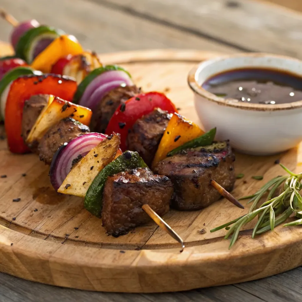 Home 7 Grilled steak and vegetable kabobs with balsamic glaze