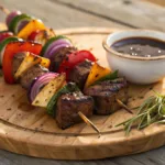 Grilled steak and vegetable kabobs with balsamic glaze