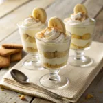 Layered banana pudding cups with whipped cream and vanilla wafers