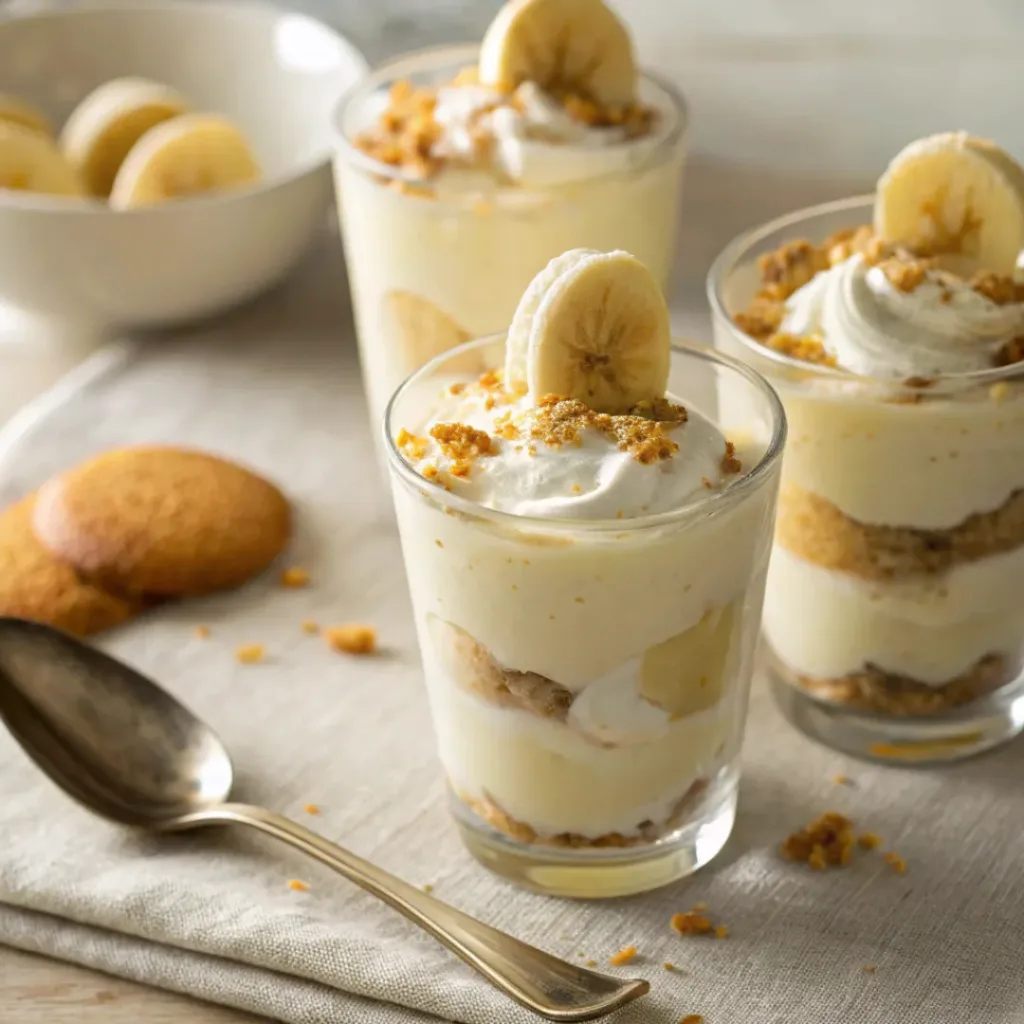Layered banana pudding cups with whipped cream and wafers