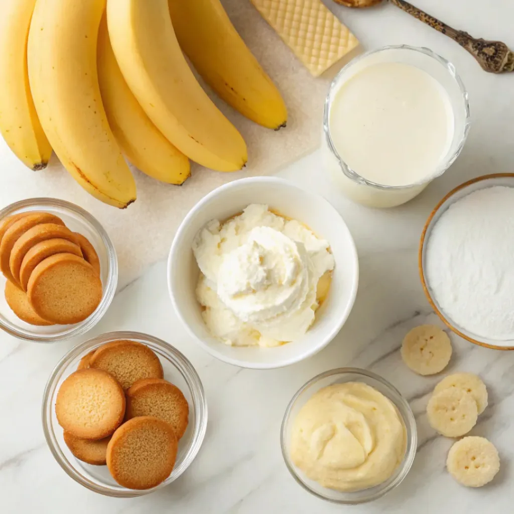 Flat lay of bananas, pudding mix, wafers, and cream ingredients