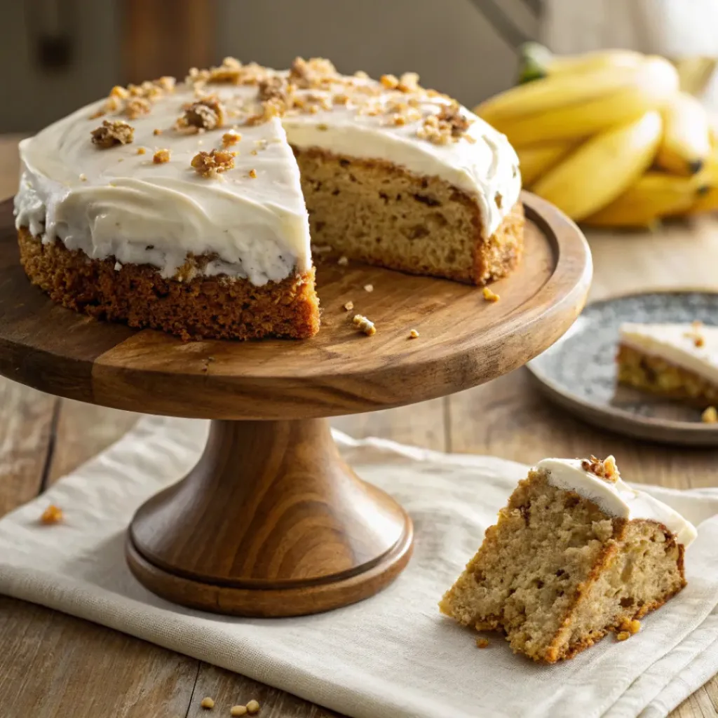 Banana Zucchini Snack Cake with Cream Cheese Frosting – Moist, Soft & Perfectly Sweet 8 Slice of banana zucchini cake with cream cheese frosting and walnuts