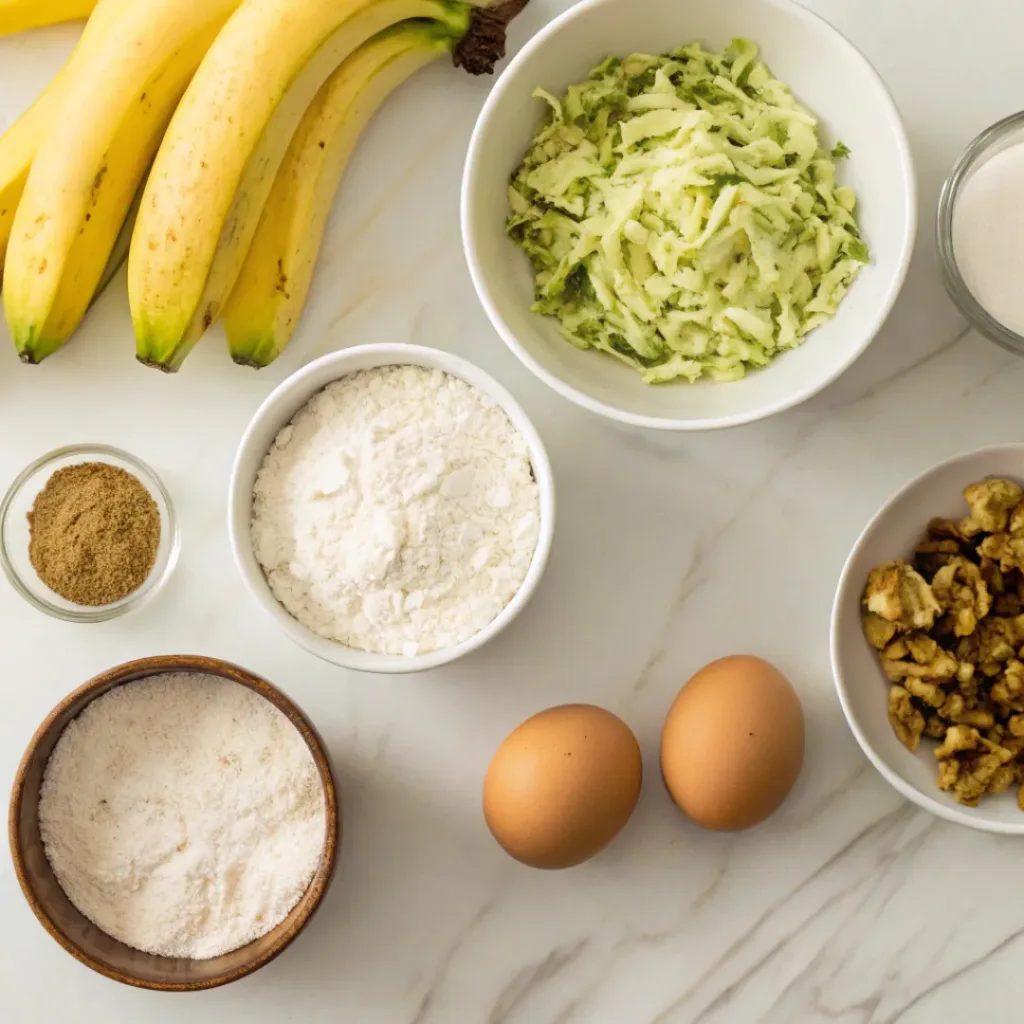 Banana Zucchini Snack Cake with Cream Cheese Frosting – Moist, Soft & Perfectly Sweet 6 Flat lay of bananas, zucchini, flour, cream cheese, and baking ingredients