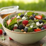 Spinach salad with mixed berries, feta, and almonds