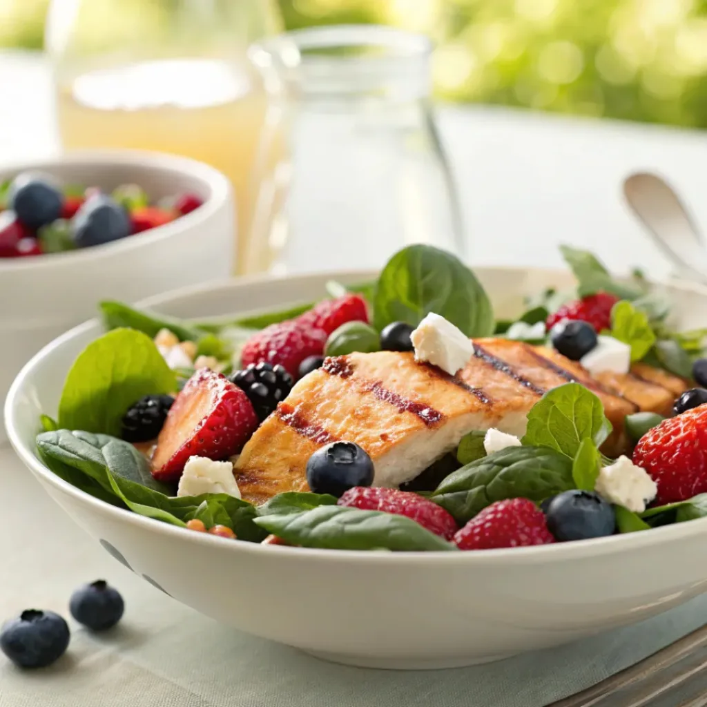 Berry Spinach Salad – Fresh, Sweet & Nutritious Summer Salad 8 Spinach berry salad served with grilled chicken and summer sides