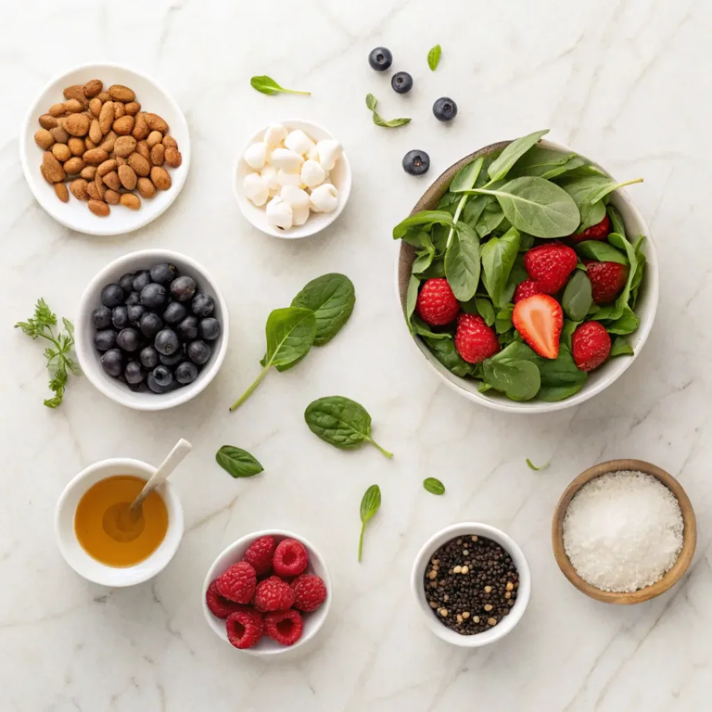 Berry Spinach Salad – Fresh, Sweet & Nutritious Summer Salad 6 Flat lay of spinach, berries, feta, almonds, and dressing ingredients