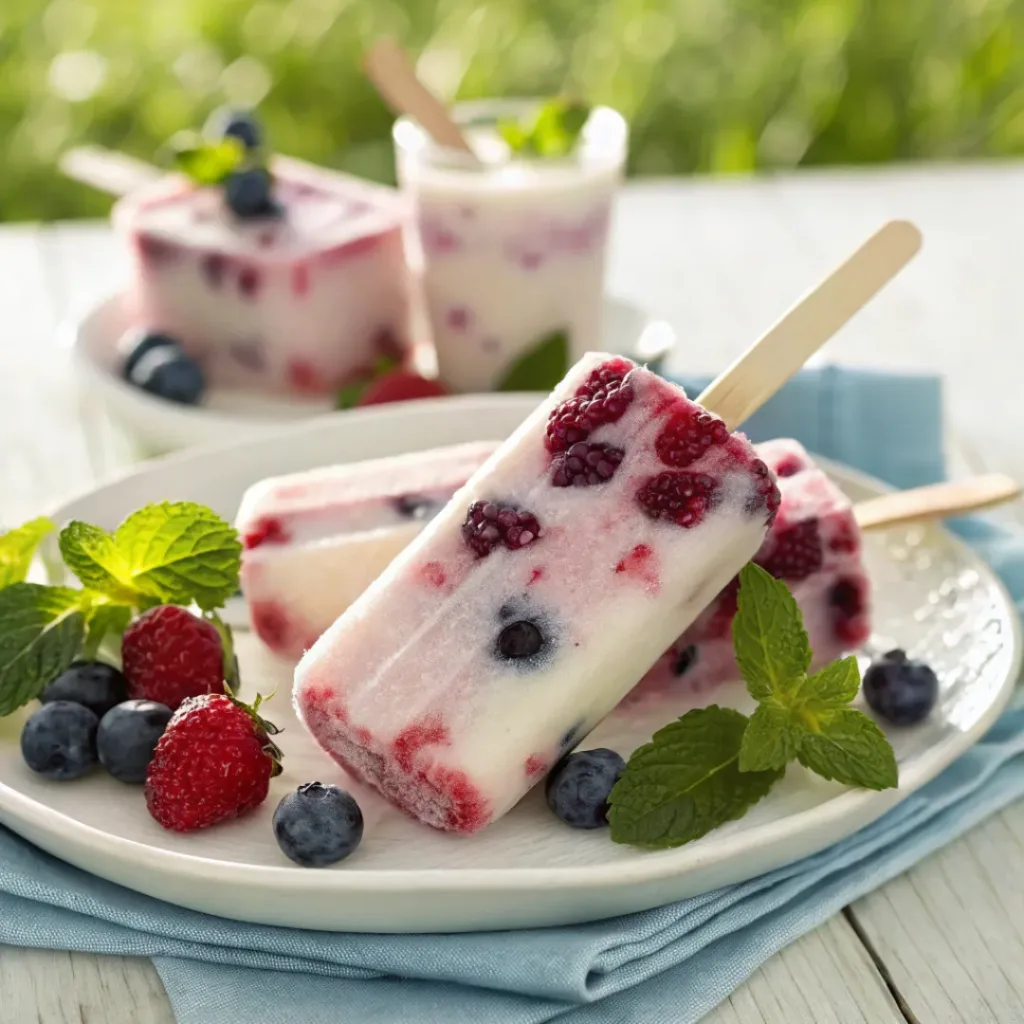 Berry yogurt popsicles served with fresh berries and cold drinks