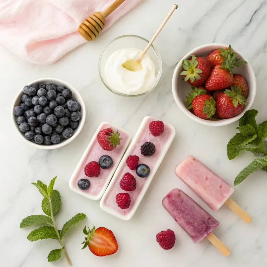 Flat lay of yogurt, berries, honey, and popsicle ingredients