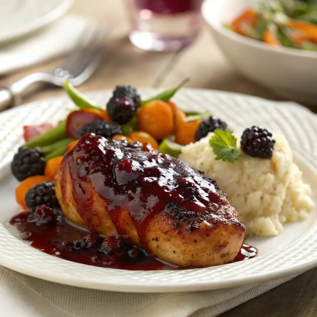 Blackberry glazed chicken served with vegetables and sides