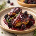 Chicken glazed with blackberry sauce and fresh herbs