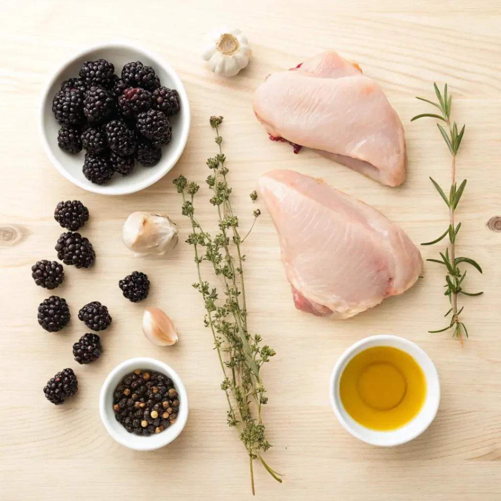 Flat lay of chicken, blackberries, garlic, honey, and herbs