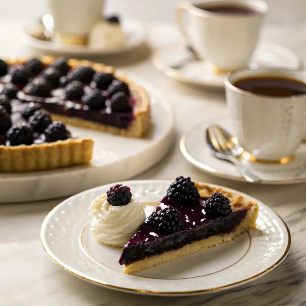 Slice of blackberry tart served with whipped cream and tea