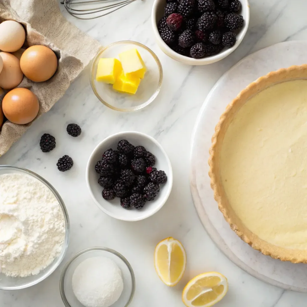 Flat lay of blackberries, butter, flour, eggs, and tart ingredients