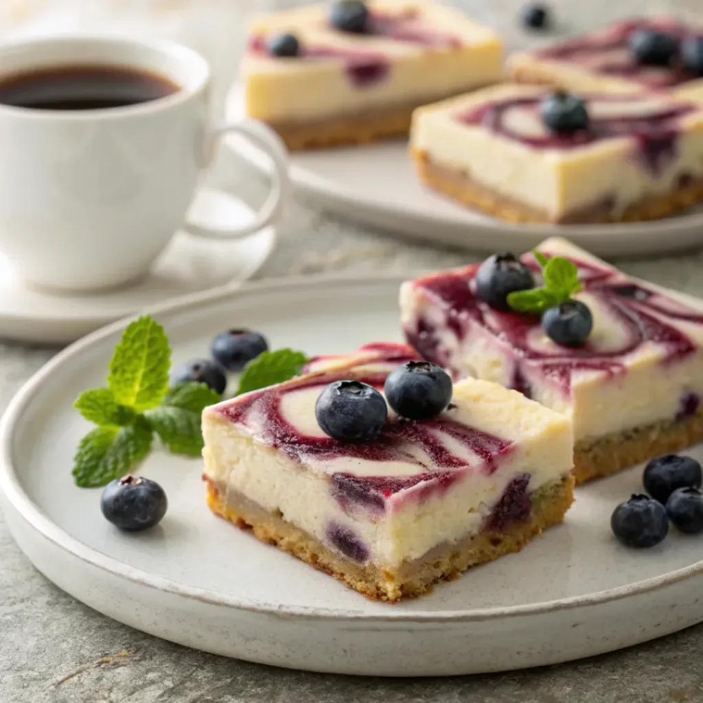 Blueberry Cream Cheese Bars – Creamy, Fruity & Buttery Dessert Squares 8 Blueberry cheesecake bars served with coffee and fresh berries