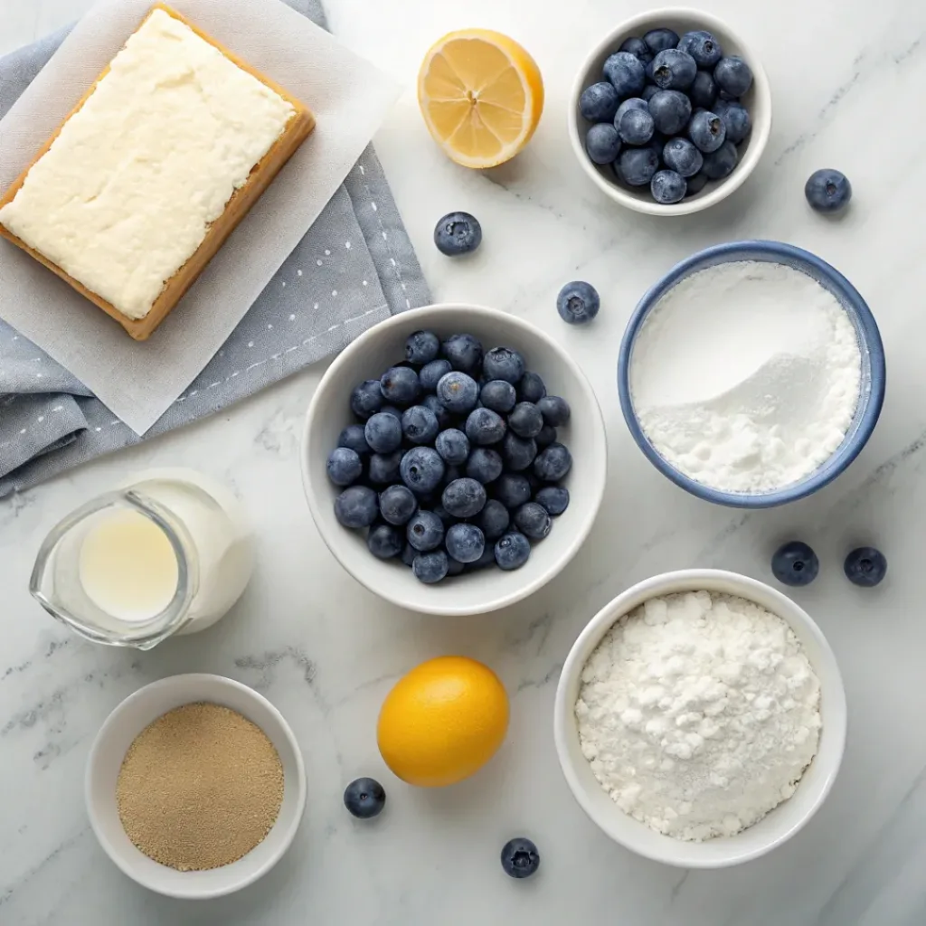 Blueberry Cream Cheese Bars – Creamy, Fruity & Buttery Dessert Squares 6 Flat lay of cream cheese, blueberries, graham crackers, and baking ingredients