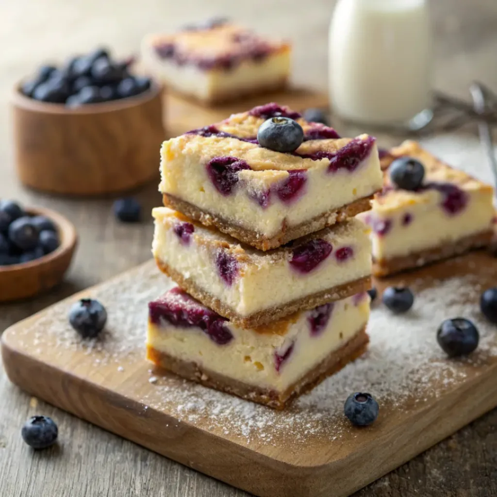 Home 8 Blueberry cheesecake bars with creamy filling and graham crust