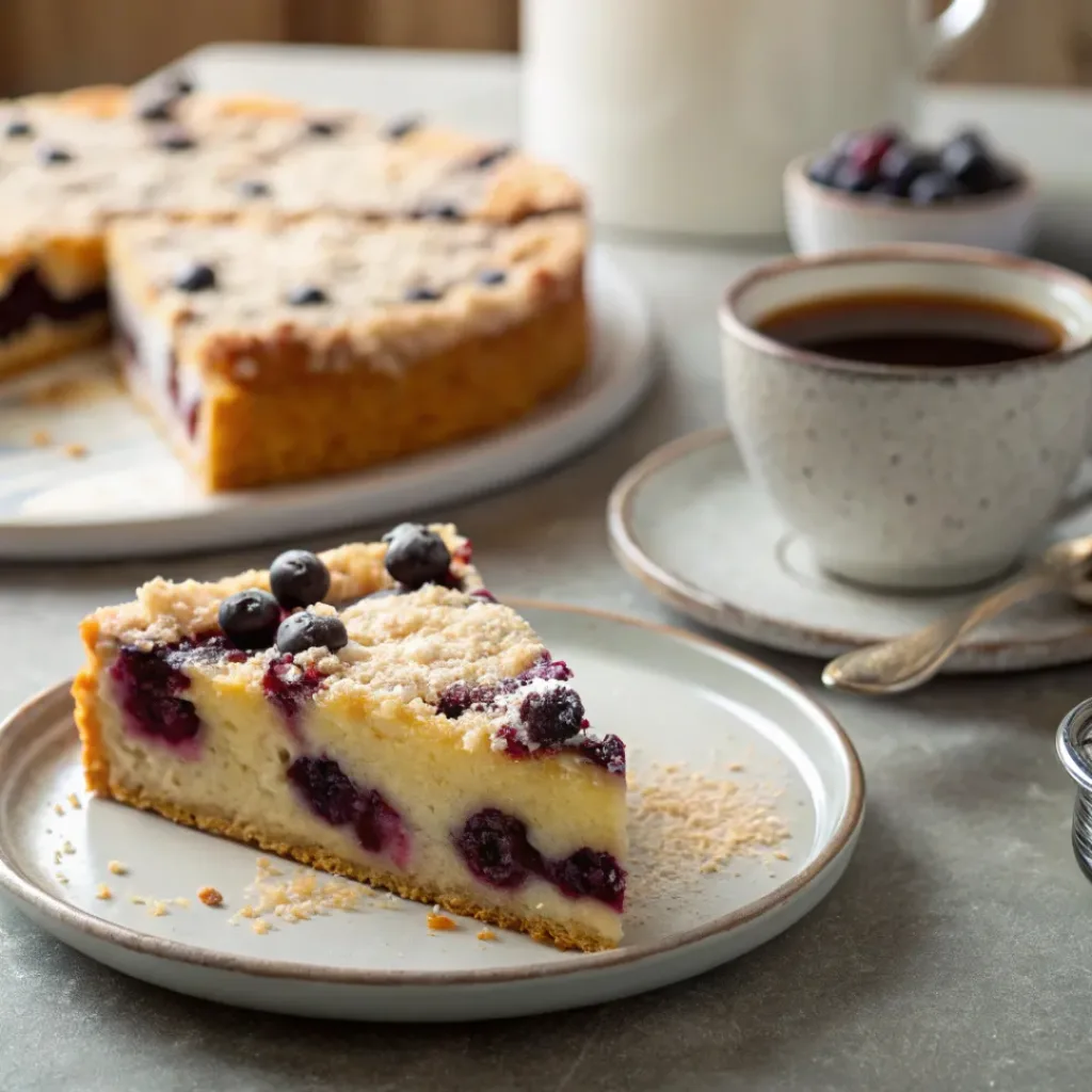 Slice of blueberry kuchen served with coffee