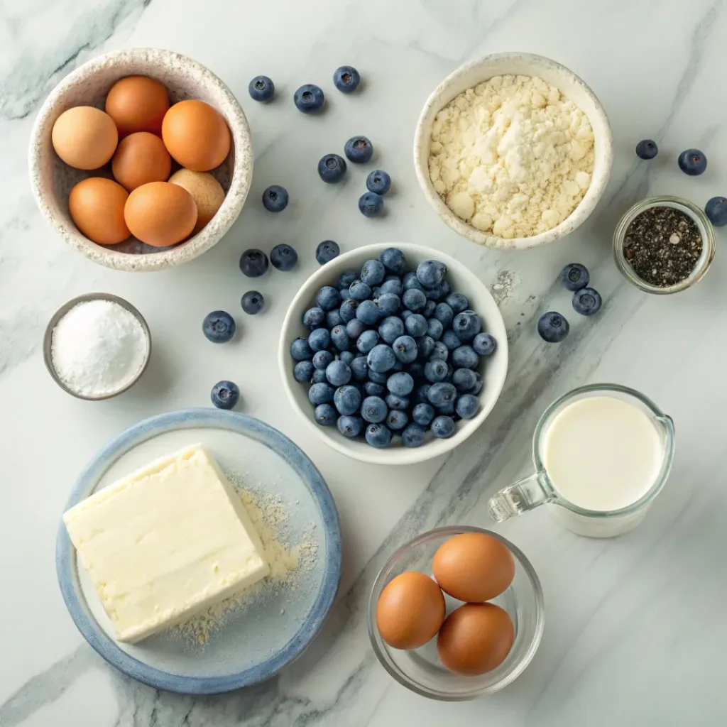 Flat lay of blueberries, flour, butter, eggs, and baking ingredients