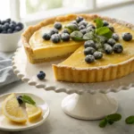 Lemon curd tart topped with fresh blueberries and powdered sugar