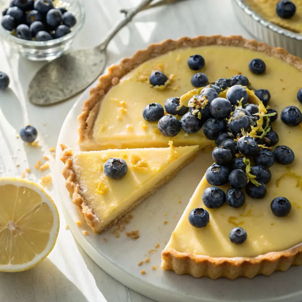 Lemon curd tart topped with blueberries and glaze