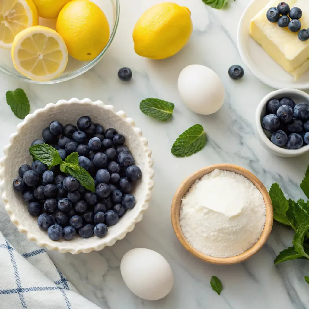 Flat lay of blueberries, lemons, eggs, butter, and tart ingredients
