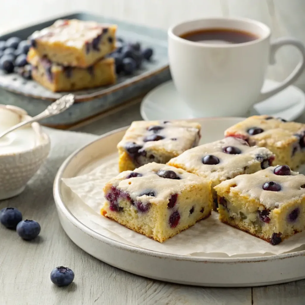 Blueberry zucchini squares served with tea and coffee