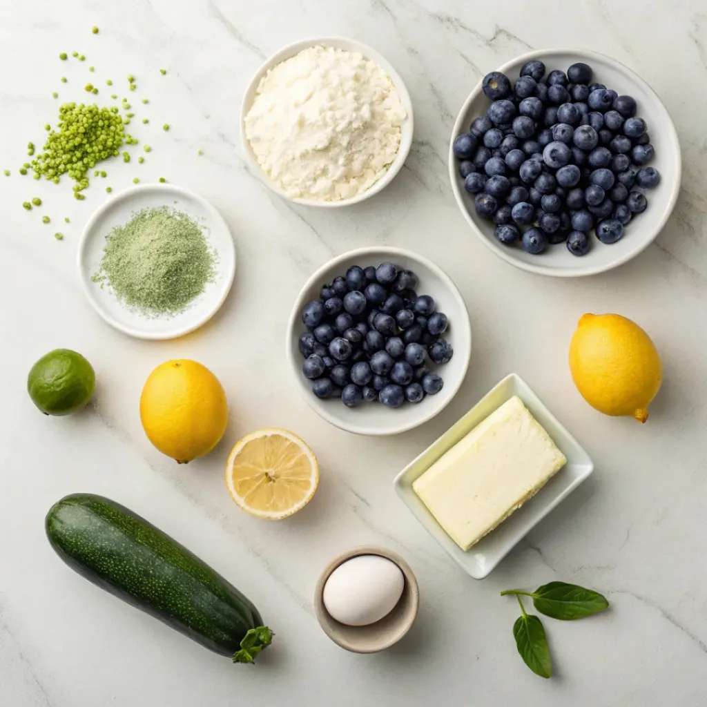 Flat lay of blueberries, zucchini, flour, eggs, and baking ingredients