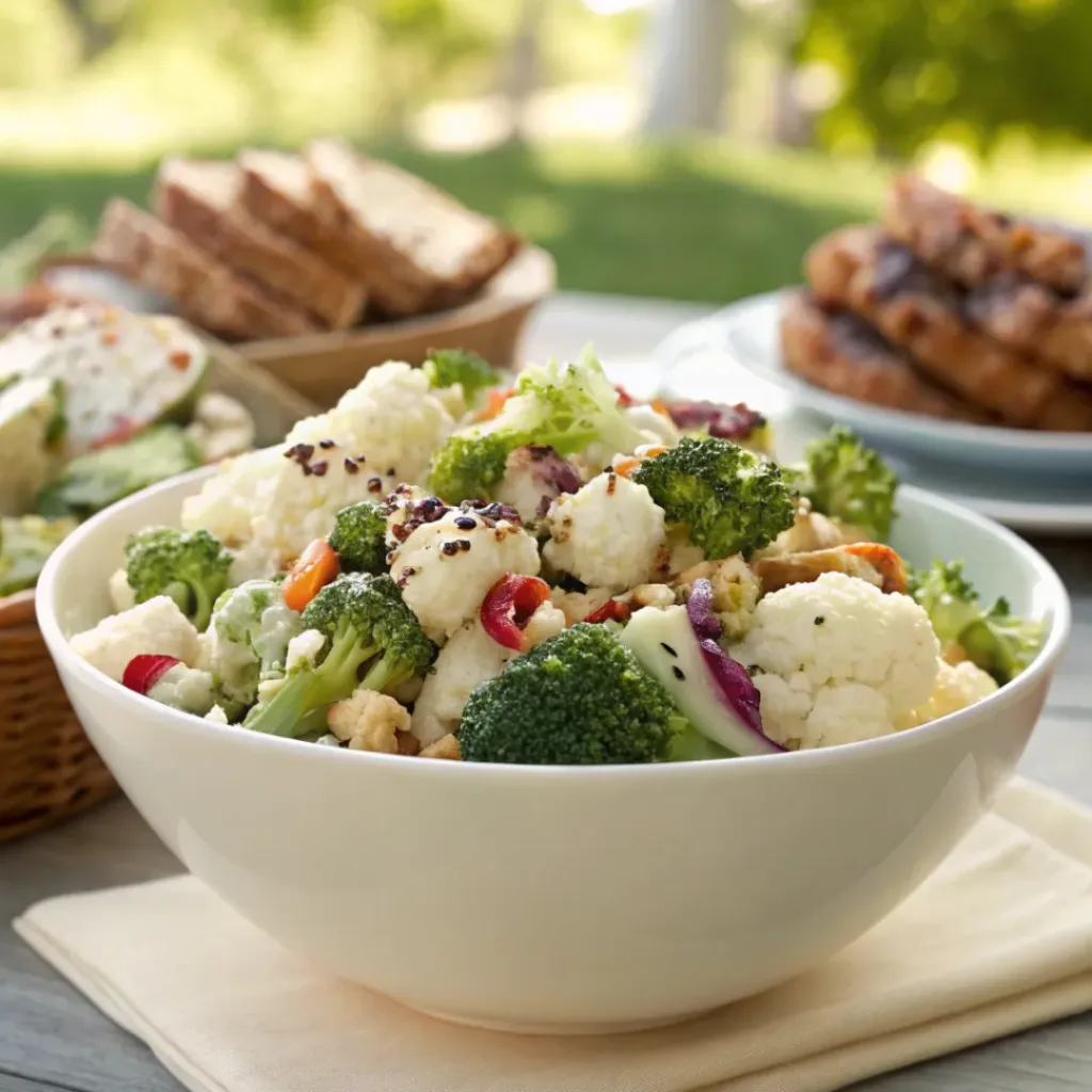 Broccoli cauliflower salad served with grilled foods and picnic sides