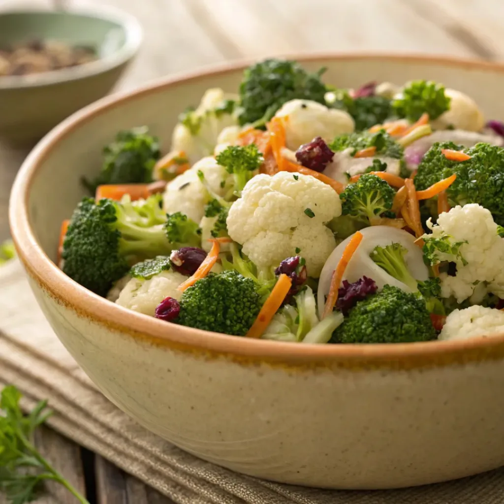 Home 9 Broccoli cauliflower salad with creamy dressing and crunchy toppings