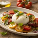 Burrata cheese with colorful heirloom tomatoes and basil