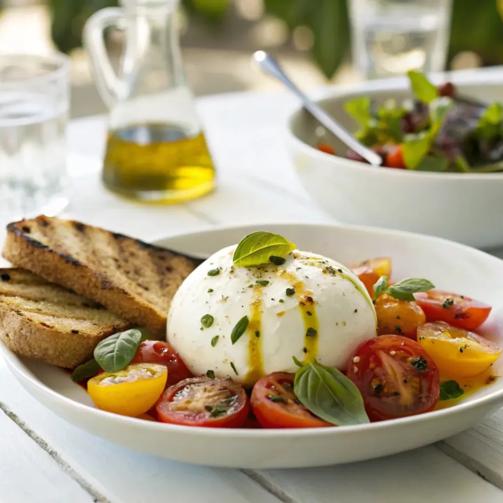 Burrata served with heirloom tomatoes and crusty bread