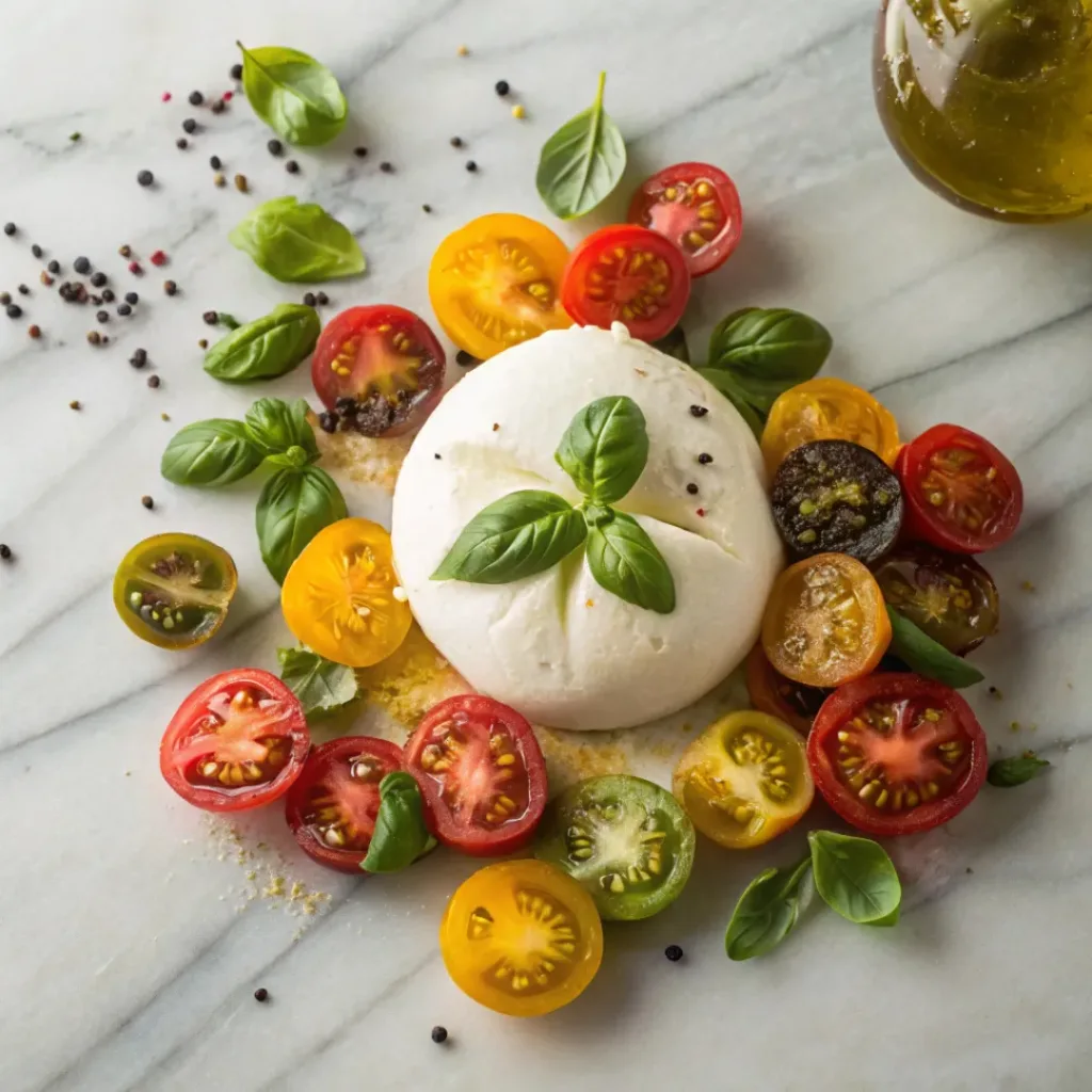 Flat lay of burrata, heirloom tomatoes, basil, and olive oil