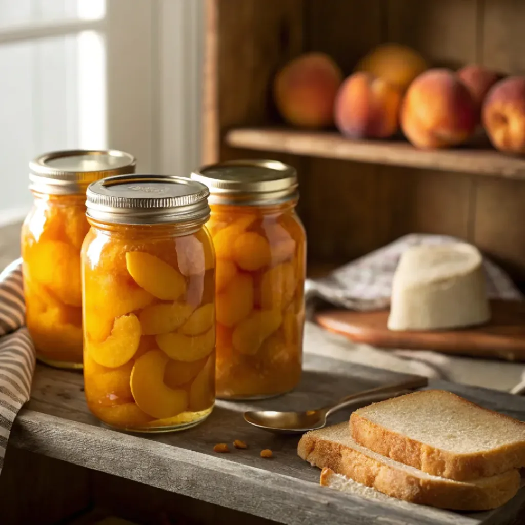 Mason jars of canned peaches stored in rustic kitchen