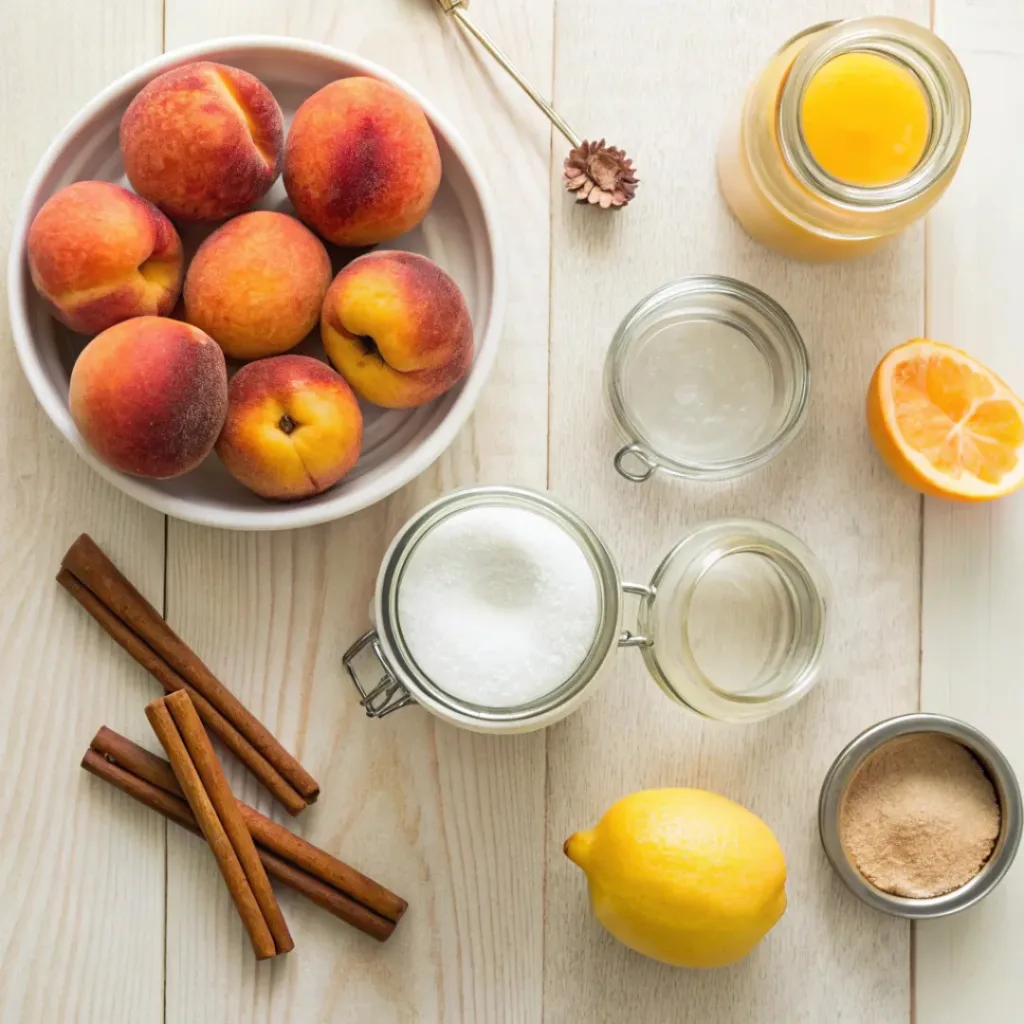 Flat lay of peaches, sugar, lemon, and mason jars for canning