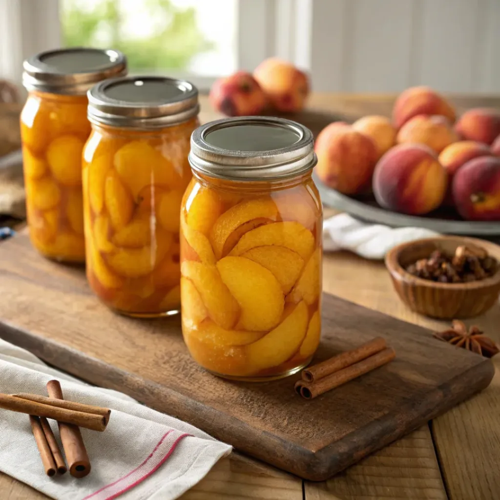 Mason jars filled with canned peaches in syrup