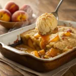 Warm caramel peach dump cake in baking dish with gooey texture