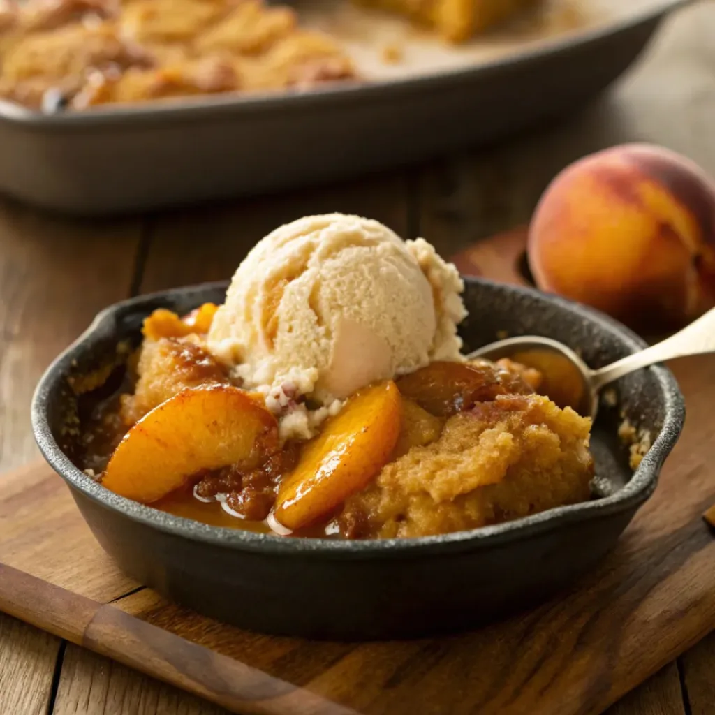 Caramel Peach Dump Cake – Easy, Gooey & Buttery Dessert 8 Gooey caramel peach dump cake served warm with caramel drizzle