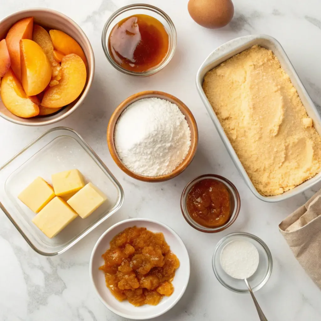 Caramel Peach Dump Cake – Easy, Gooey & Buttery Dessert 6 Flat lay of peaches, cake mix, butter, caramel, and baking ingredients