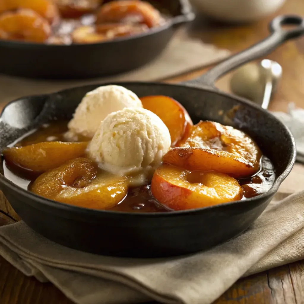 Caramelized Skillet Peaches – Quick Buttery Peach Dessert 8 Warm caramelized peaches served with vanilla ice cream