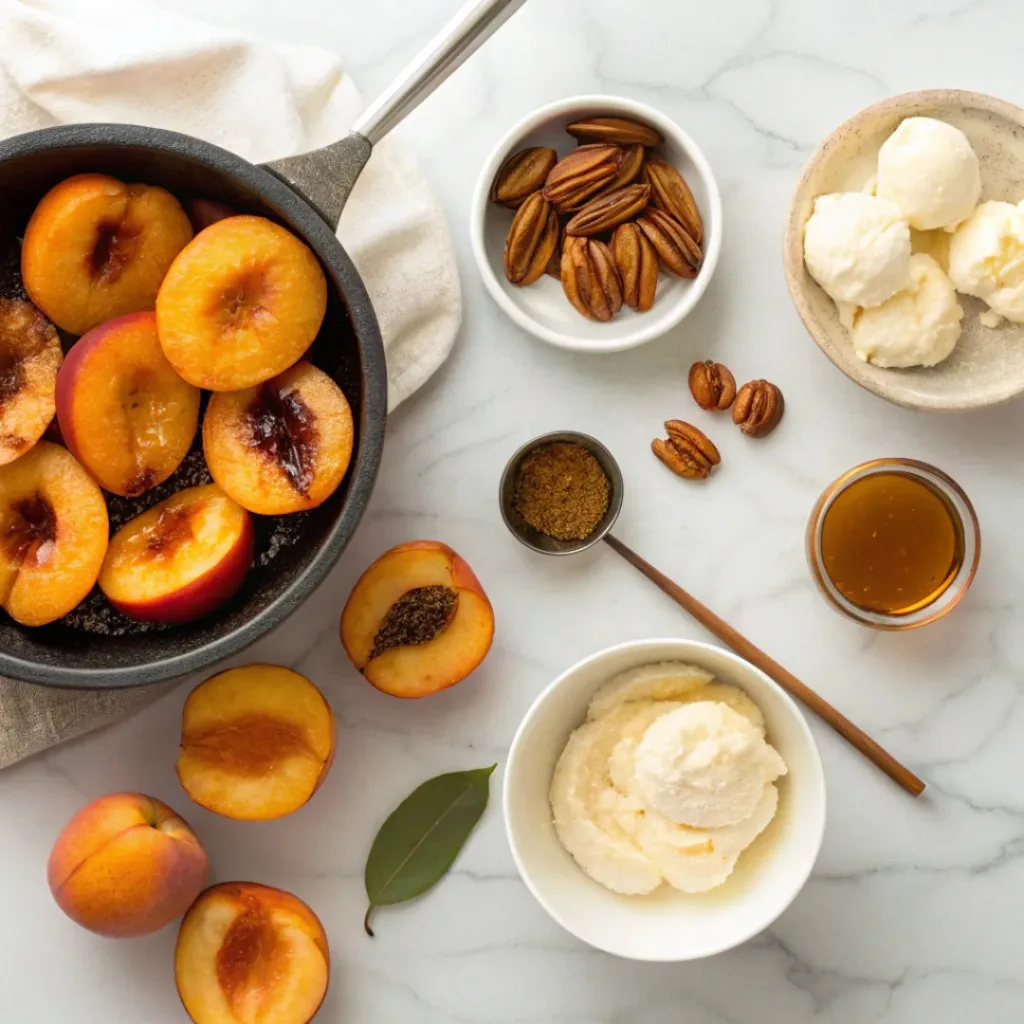 Caramelized Skillet Peaches – Quick Buttery Peach Dessert 6 Flat lay of peaches, butter, brown sugar, cinnamon, and dessert ingredients