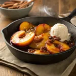 Caramelized peaches cooked in a skillet with syrup and ice cream