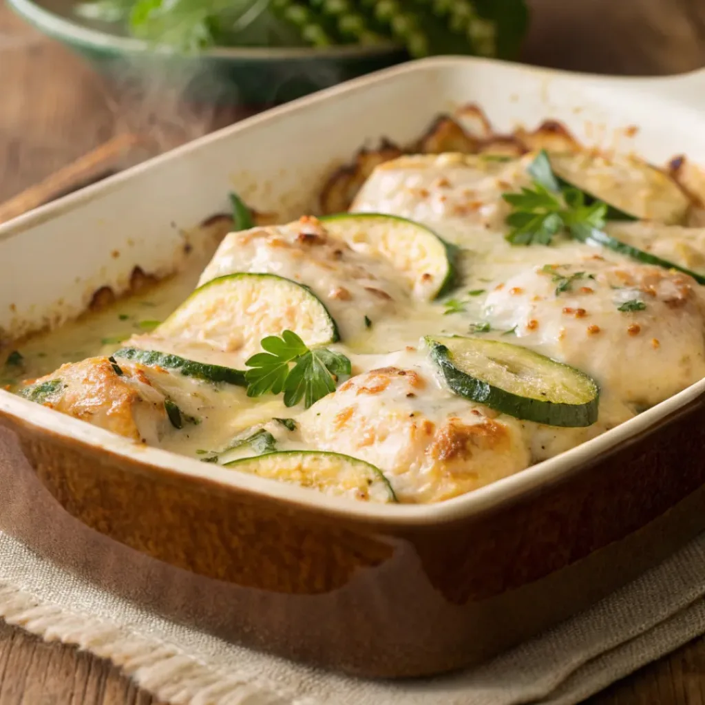 Cheesy chicken zucchini casserole served with salad and bread