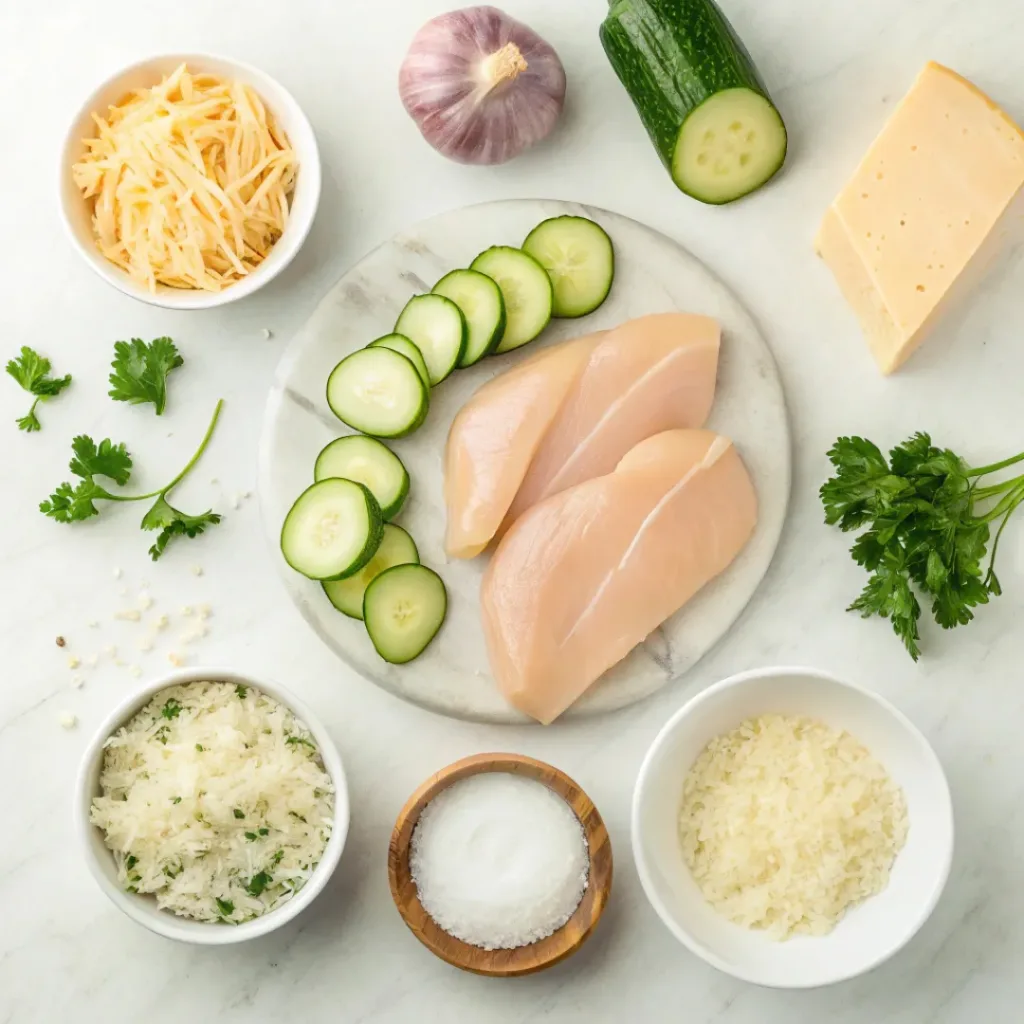 Flat lay of chicken, zucchini, cheese, garlic, and casserole ingredients