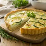 Slice of cheesy zucchini quiche with golden crust and herbs