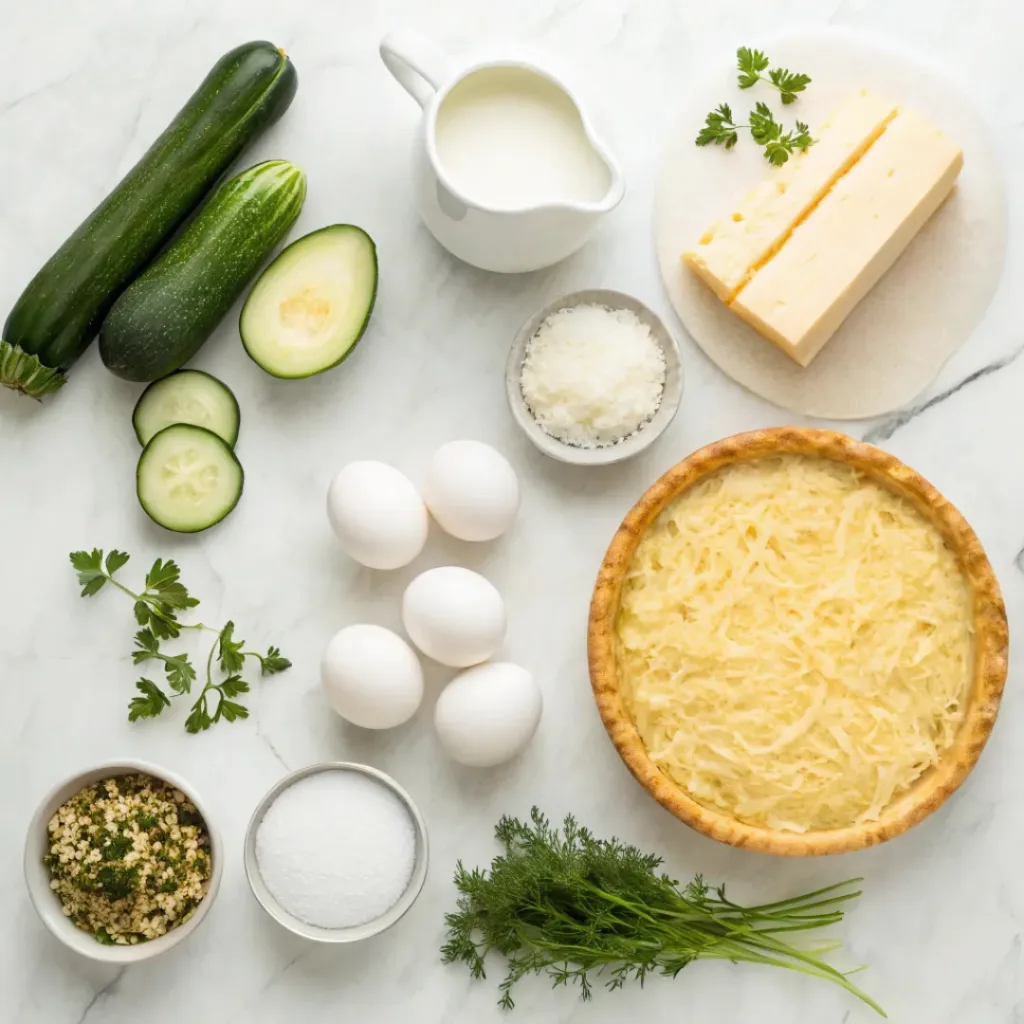 Cheesy Zucchini Quiche – Perfect Savory Brunch Dish 6 Flat lay of zucchini, eggs, cheese, cream, and quiche ingredients