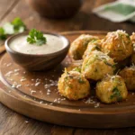 Golden cheesy zucchini tots with dipping sauce